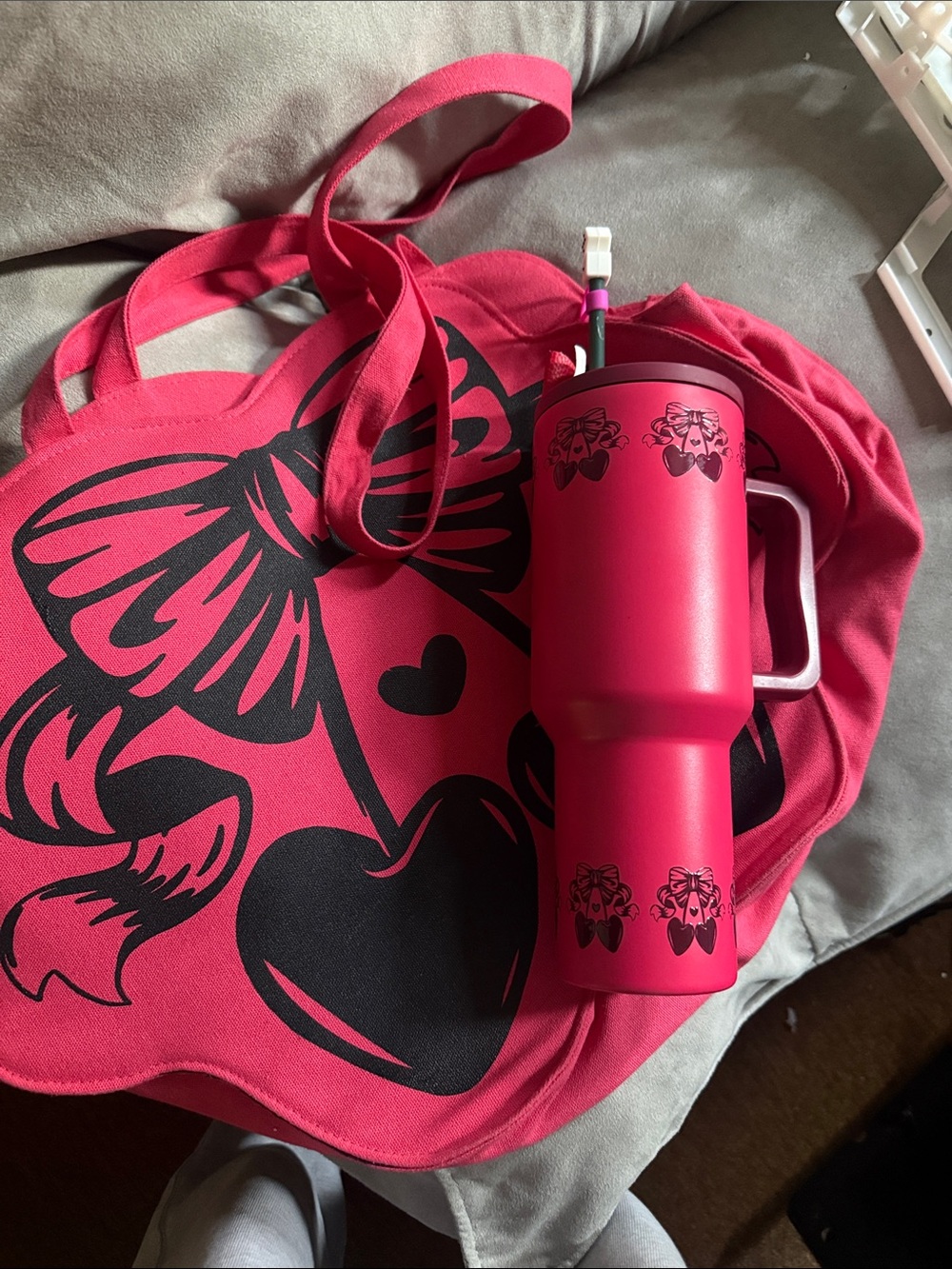 Hot Pink Tote  cherry bow heart and Matching Travel Mug Set